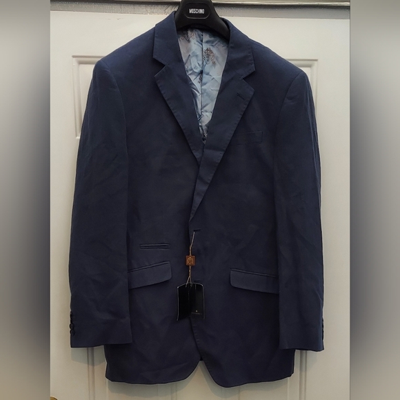 WILLIAM HUNT MEN'S LINEN-COTTON NAVY HERRINGBONE 2-BUTTON BLAZER SIZE 44 NWT - Picture 2 of 10